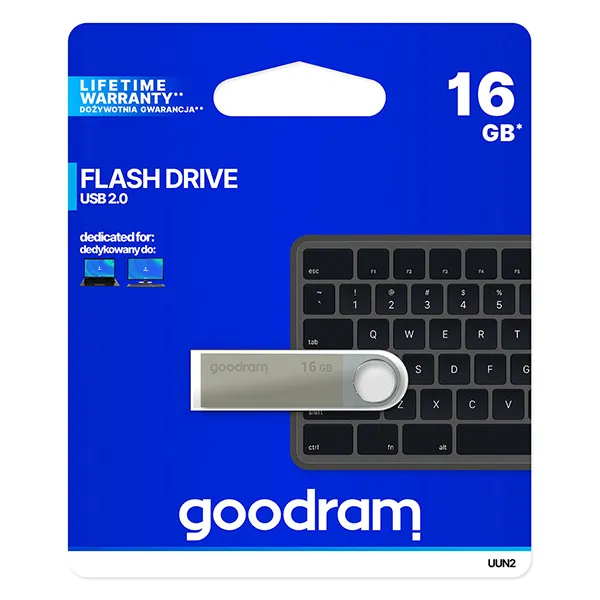 Goodram USB flash disk, USB 2.0, 16GB, UUN2, strieborný, UUN2-0160S0R11, USB A, s pútkom