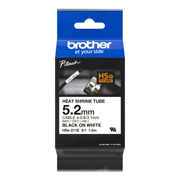 Brother originálna páska do tlačiarne štítkov, Brother, HSE-211E, čierna tlač/biely podklad, 1.5m, 5.2mm