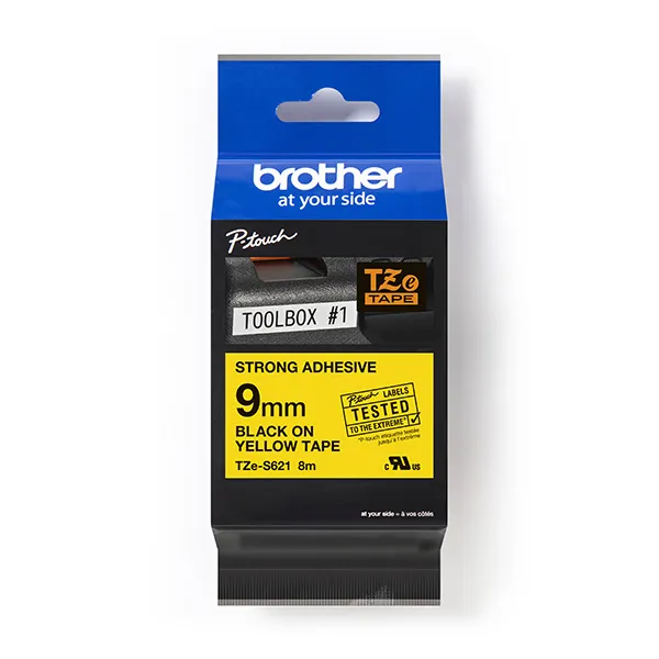 Brother originálna páska do tlačiarne štítkov, Brother, TZE-S621, čierna tlač/žltý podklad, laminovaná, 8m, 9mm, extrémne adhezívna