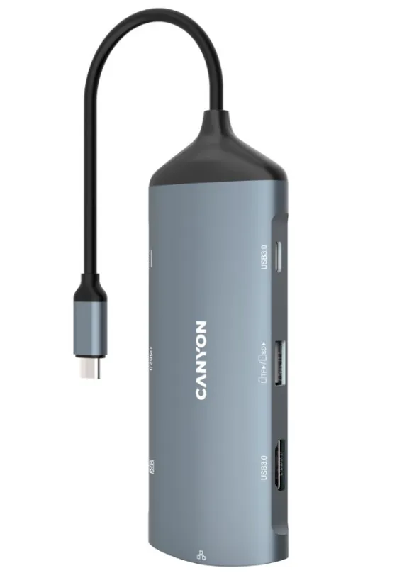 CANYON replikátor portov DS-15 8v1, 1x USB-C PD 100W, 1x HDMI (4K), VGA, 2x USB-A 3.0, 1x USB-A 2.0 RJ45 Gb, 3.5mm jack, SD/m