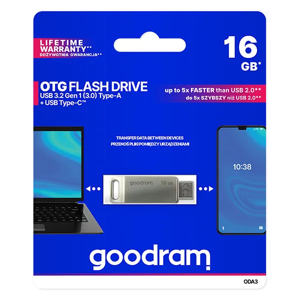 Goodram USB flash disk, USB 3.0, 16GB, ODA3, strieborný, ODA3-0160S0R11, USB A/USB C, s otočnou krytkou