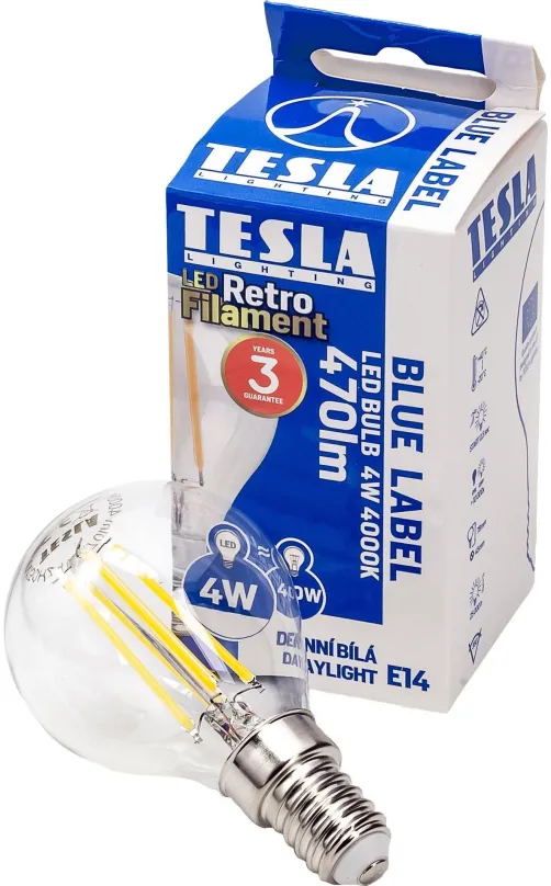 LED žiarovka TESLA LED MINIGLOBE FILAMENT RETRO E14, 4W, 470lm, 4000K denná biela