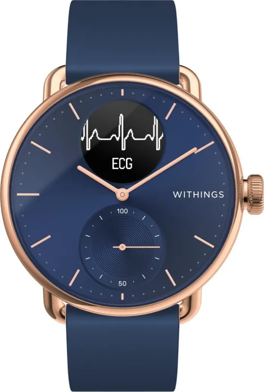 Chytré hodinky Withings Scanwatch 38mm - Rose Gold Blue, hybridný s EKG, meraním tepovej f