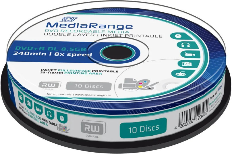 Médiá MEDIARANGE DVD+R 8,5 GB 8x Dual Layer spindl 10ks Inkjet Printable