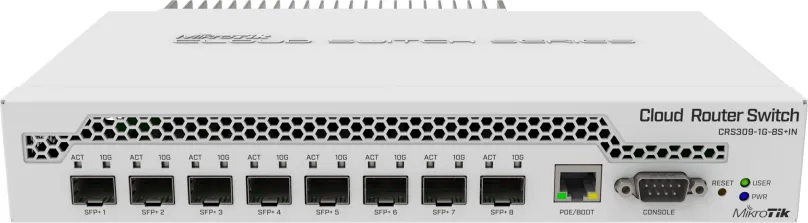Switch Mikrotik CRS309-1G-8S+IN, do čajky, 1x RJ-45, 8x SFP+, PoE (Power over Ethernet) a