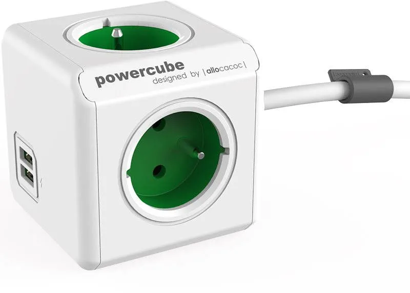 Zásuvka PowerCube Extended USB zelená, - 4 výstupy, detská poistka, 1,5 m kábel, 2x USB 5V