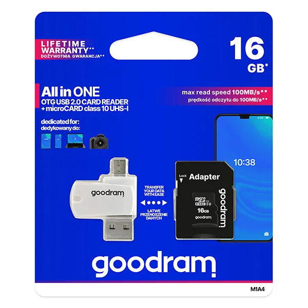 Goodram pamäťová karta Micro Secure Digital Card All-In-ON, 16GB, micro SDHC, M1A4-0160R12, UHS-I U1 (Class 10), multipack s čítačom