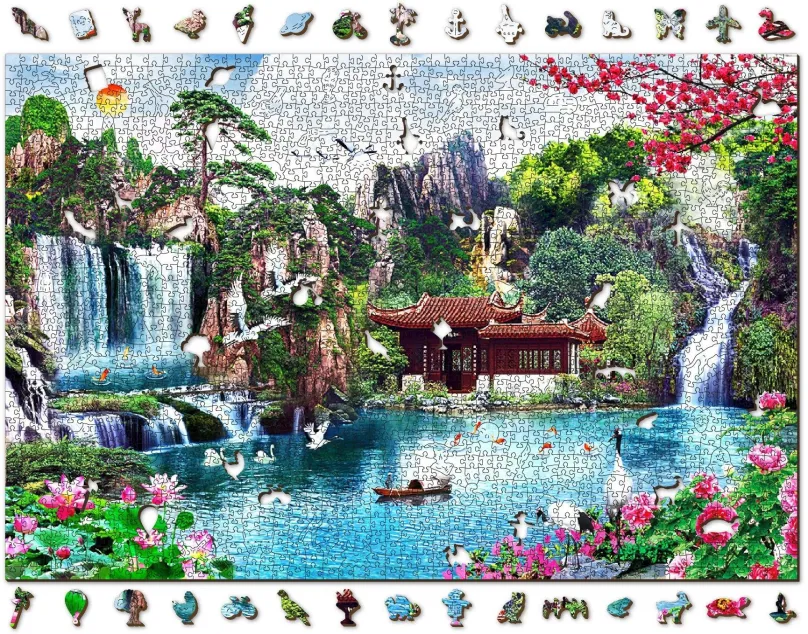 Puzzle Woden City Drevené puzzle Vodopády v japonskej záhrade 2v1, 2000 dielikov eko