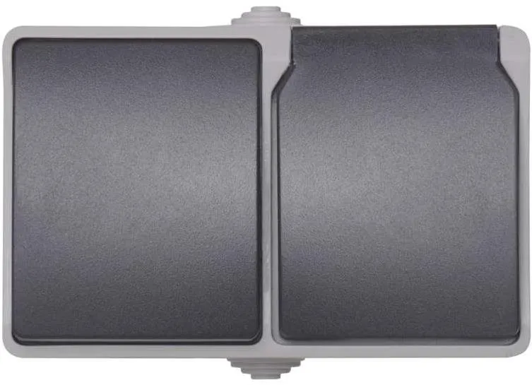 Zásuvka EMOS Kombinácia zásuvky + prepínače č.6, nástenný, IP44, šedo-čierna