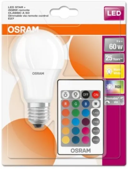 LED žiarovka OSRAM LED STAR+ CL A RGBW Fros. 9W 827 E27 806lm 2700K (CRI 80) 25000h A+ DIMmable Rem Ctrl (Blister