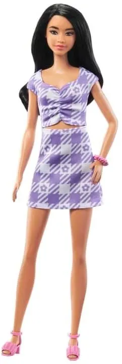 Bábika Barbie Modelka - Fialkové Kockované Šaty