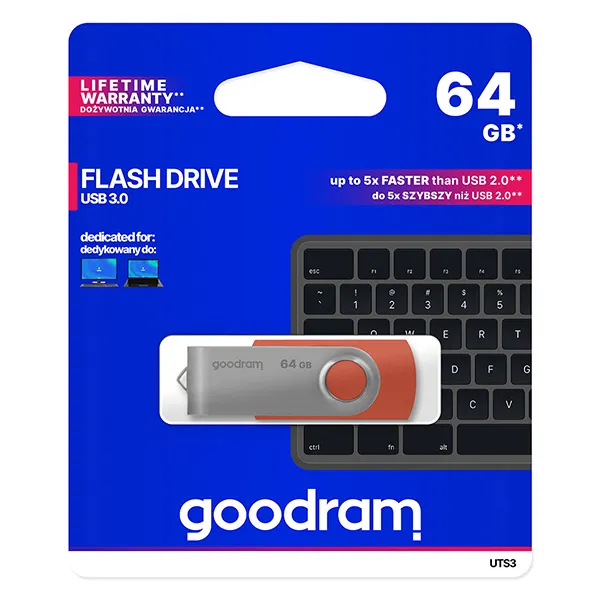 Goodram USB flash disk, USB 3.0, 64 GB, UTS3, červený, UTS3-0640R0R11, USB A, s otočnou krytkou