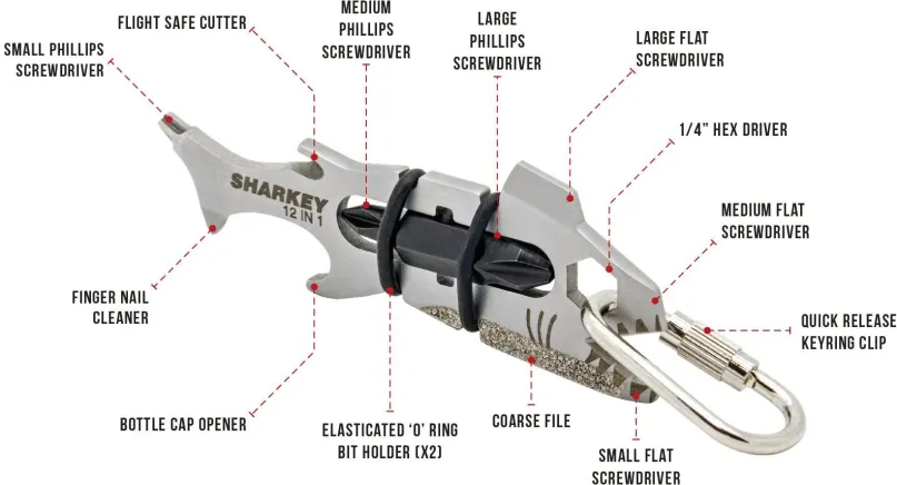 Multitool True SHARKEY, s 12 funkciami, dĺžka nástroja 6,8 cm, hmotnosť 20 g