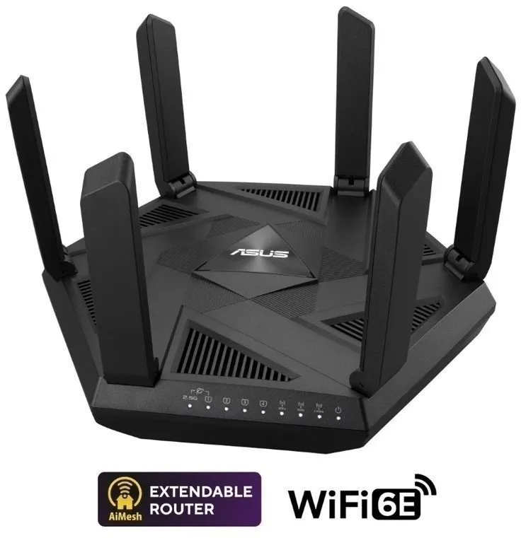 WiFi router ASUS RT-AXE7800, s WiFi 6e, 802.11s/b/g/ac/ax až 7800 Mb/s, tri-band (2.4 GHz
