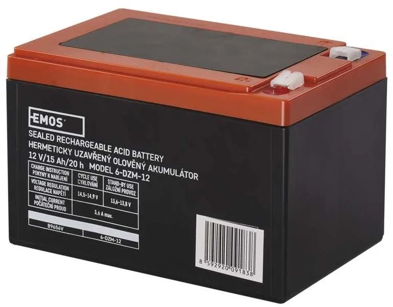 Batéria pre záložné zdroje EMOS Bezúdržbový trakčný olovený akumulátor 12 V/15 Ah, fastón 6,3 mm