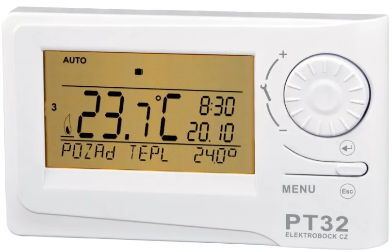 Chytrý termostat Elektrobock PT32, drôtový-230V, digitálny, napájanie batériami 2x AA, pro