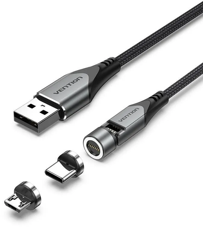 Dátový kábel Vention USB 2.0 A Male to 2-in-1 USB-C&Micro-B Male 3A Rotating Magnetic Cable 0.5M Gray