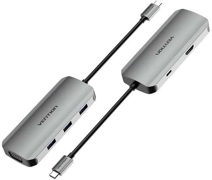 Replikátor portov Vention USB-C to HDMI/VGA/USB 3.0 x 3/PD Docking Station 0.15M Gray Aluminum