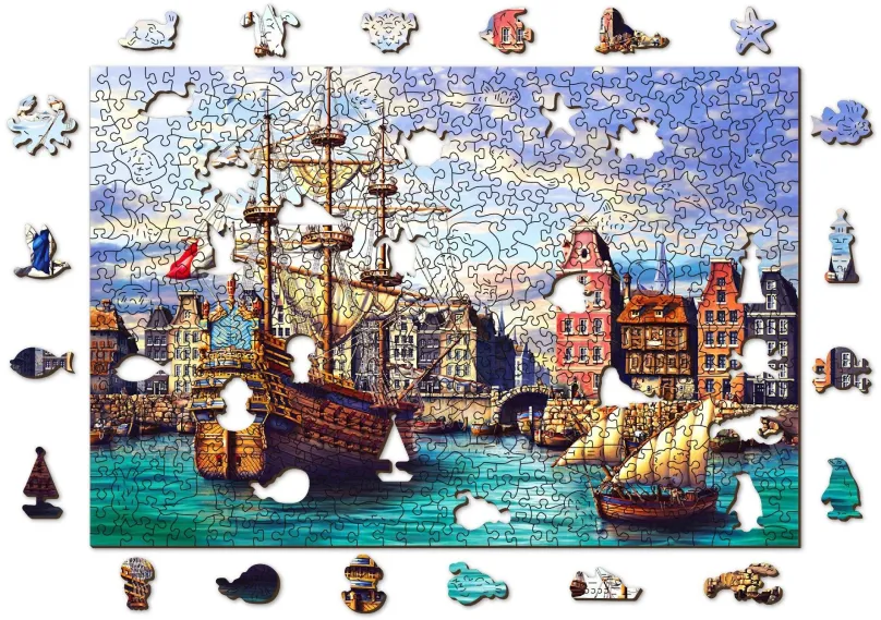 Puzzle Woden City Drevené puzzle Staré lode v prístave 2v1, 505 dielikov eko