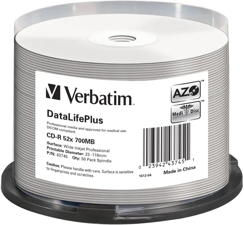 Médiá VERBATIM CD-R DataLifePlus 700MB, 52x, white printable, spindle 50 ks