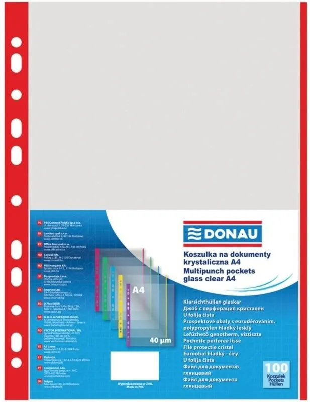 Eurofólia DONAU A4/40 mikrónov, matné s červeným prúžkom - balenie 100 ks