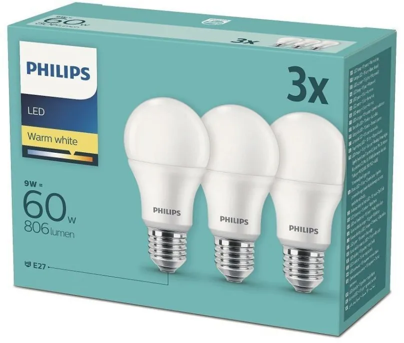 LED žiarovka Philips LED 9-60W, E27 2700K, 3ks