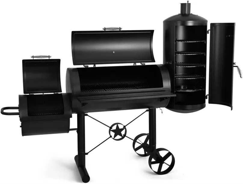 Gril Gril G21 Kentucky BBQ, na drevené uhlie a drevo, záhradné, s udiarňou, 3v1, lokomotív