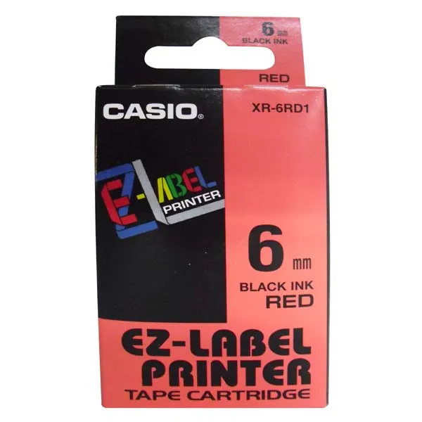 Casio originálna páska do tlačiarne štítkov, Casio, XR-6RD1, čierna tlač/červený podklad, nelaminovaná, 8m, 6mm