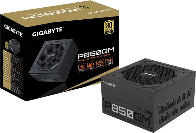 Počítačový zdroj GIGABYTE P850GM, 850W, ATX, 80 PLUS Gold, účinnosť 90%, 4 ks PCIe (8-pin