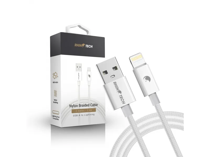 RhinoTech kábel s nylonovým opletom USB-A na Lightning 2,4A 2m biela