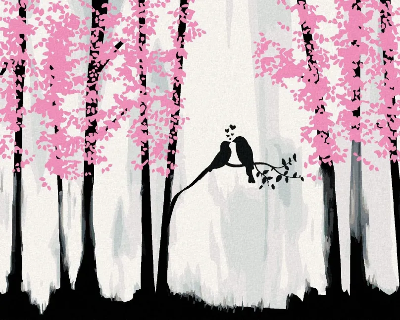 Maľovanie podľa čísel Vtáčia romantika v lese, 80x100 cm, vypnuté plátno na rám