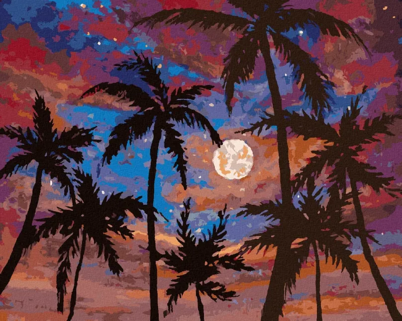 Maľovanie podľa čísel Mesiac medzi palmami, 40x50 cm, bez rámu a bez vypnutia plátna