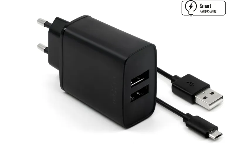 Nabíjačka do siete FIXED Smart Rapid Charge 15W s 2xUSB výstupom a USB/micro USB káblom 1m čierna