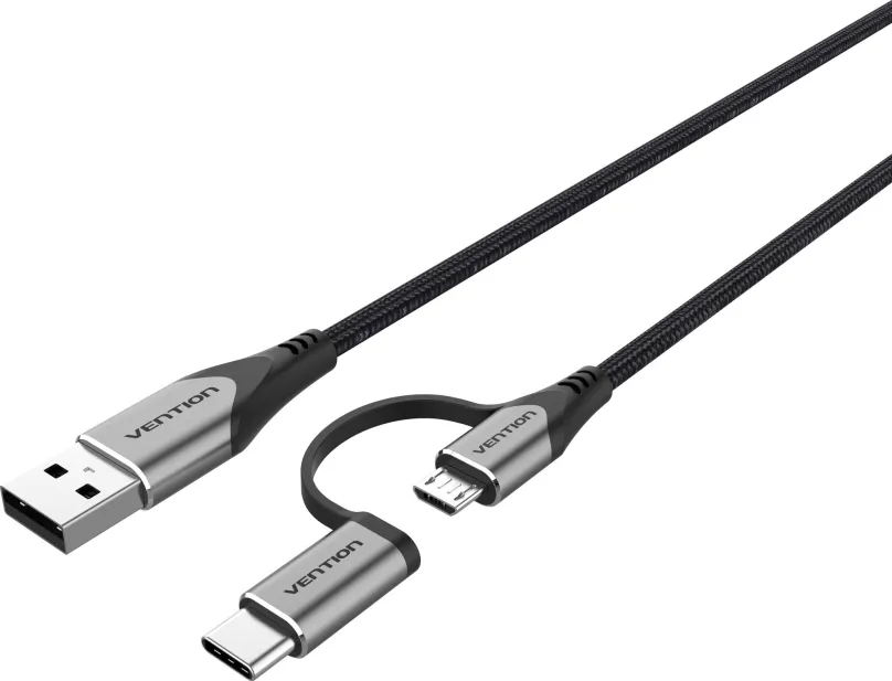 Dátový kábel Vention USB 2.0 to 2-in-1 Micro USB & USB-C Cable 1m Gray Aluminum Alloy Type