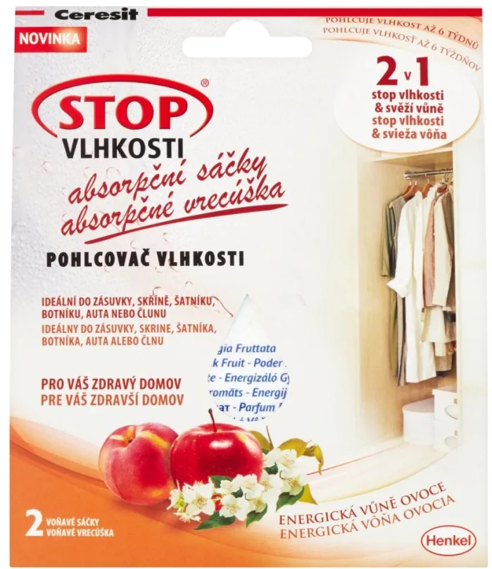 Pohlcovač vlhkosti CERESIT Stop Vlhkosti 2v1 - absorpčné vrecúška energické ovocie 2 x 50 g