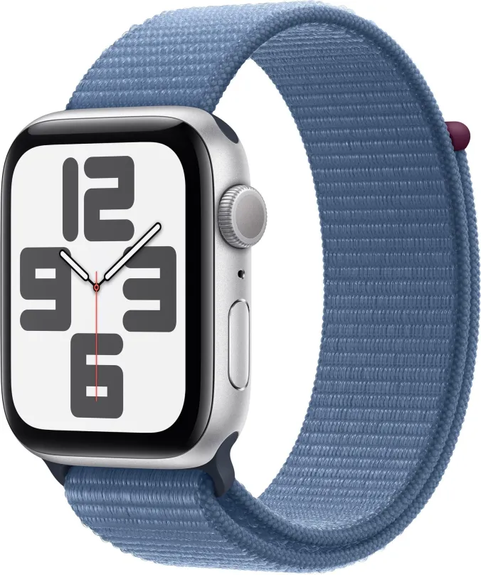 Chytré hodinky Apple Watch SE 44mm Strieborný hliník s ľadovo modrým prevliekacím športovým remienkom