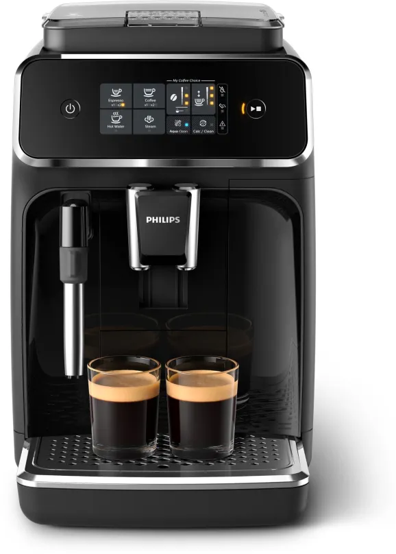 Philips Series 2200 EP2221 / 40, Automatický kávovar 2 druhy kávových nápojov, možnosť mletej kávy, možnosť prípravy 2 šálok kávy súčasne, možnosť horúcej vody, intuitívny dotykový displej, 100% keramické mlynčeky, 12 stupňov nastavenia hrubosti mletia...