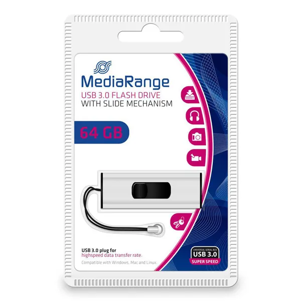 MediaRange USB flash disk, USB 3.0, 64GB, strieborný, MR917, USB A, s pútkom, vysúvací