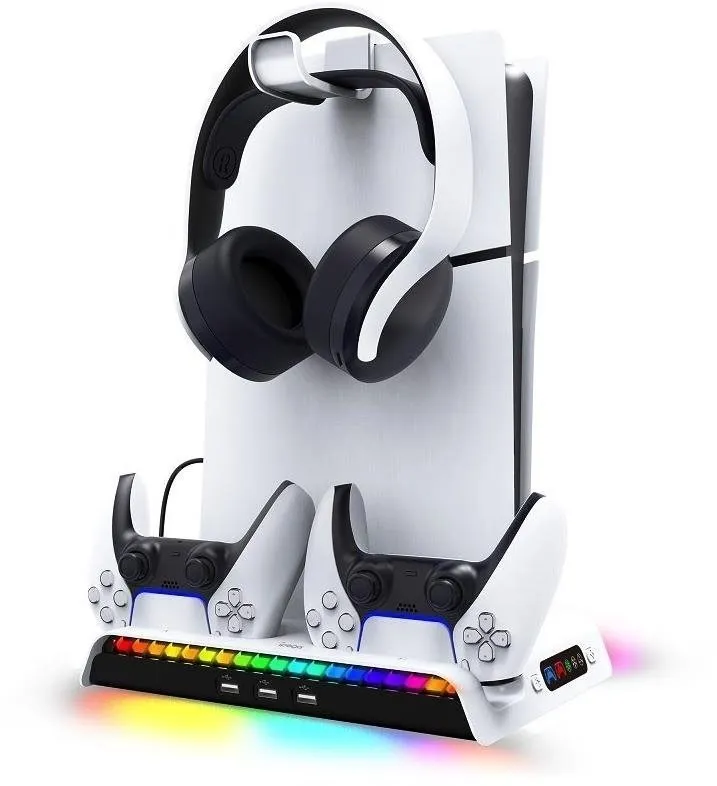 Dobíjacia stanica iPega P5S006 Multifunkčný Nabíjací RGB Stojan s Chladením pre PS5 Slim White