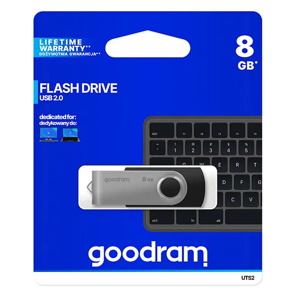 Goodram USB flash disk, USB 2.0, 8GB, UTS2, čierny, UTS2-0080K0R11, USB A, s otočnou krytkou