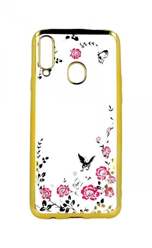 Kryt na mobil TopQ Samsung A20s silikón zlatý s ružovými kvetmi 55375