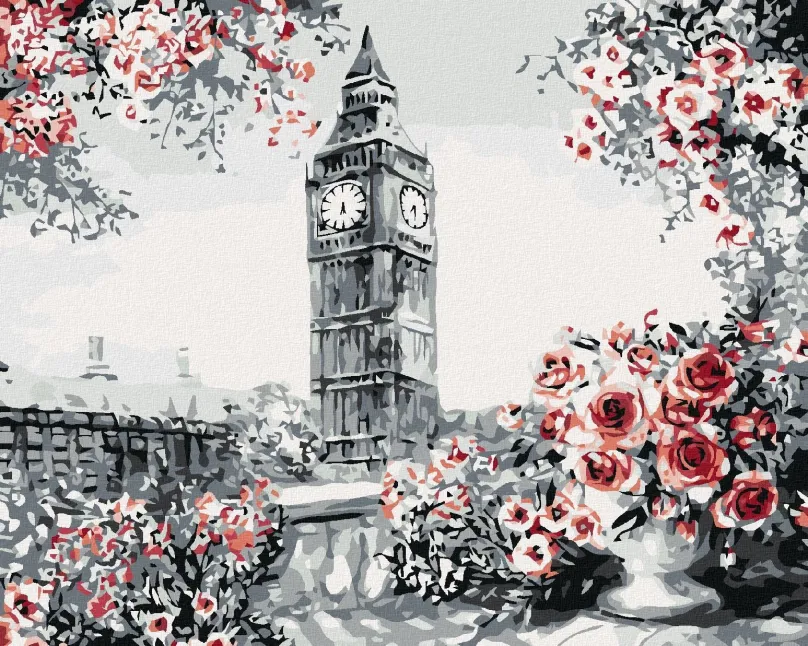 Maľovanie podľa čísel Big Ben obklopený ružami, 80x100 cm, bez rámu a bez vypnutia plátna