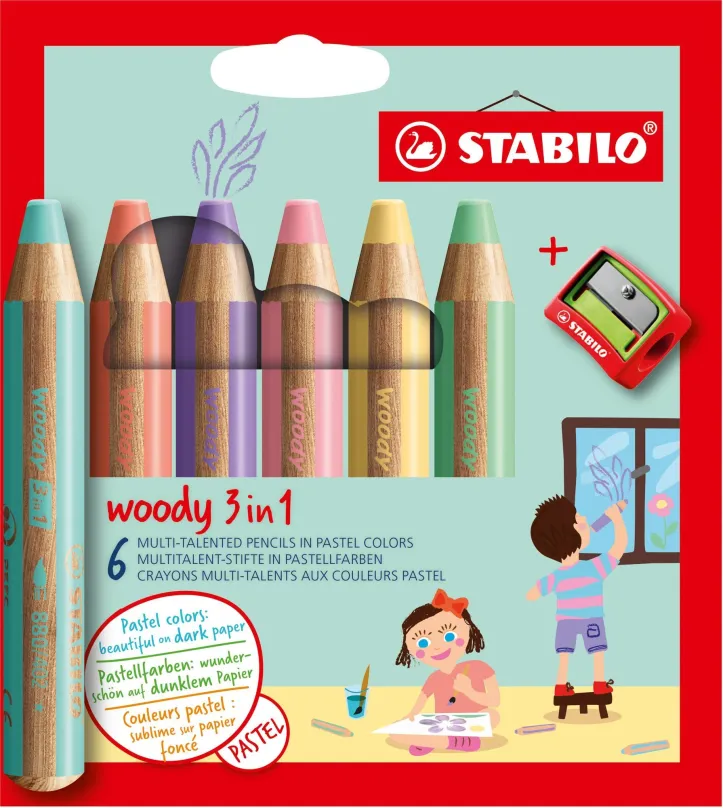 Pastelky STABILO woody 3 v 1, 6 farieb s strúhadlom