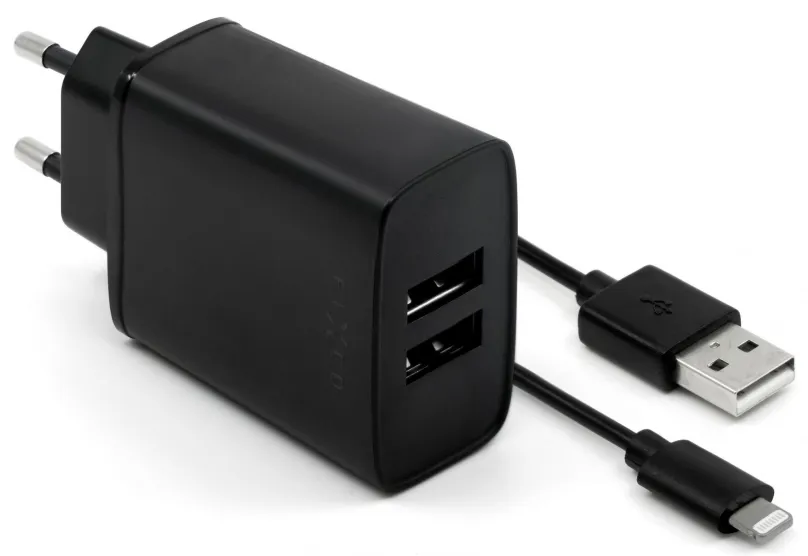 Nabíjačka do siete FIXED Smart Rapid Charge 15W s 2xUSB výstupom a USB/Lightning káblom 1m čierna