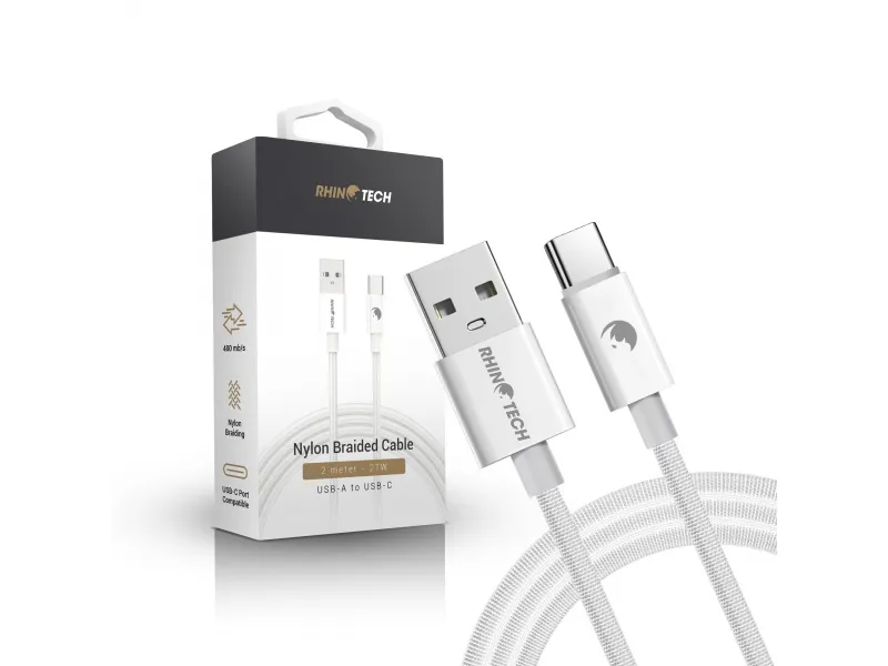 RhinoTech kábel s nylonovým opletom USB-A na USB-C 27W 2m biela