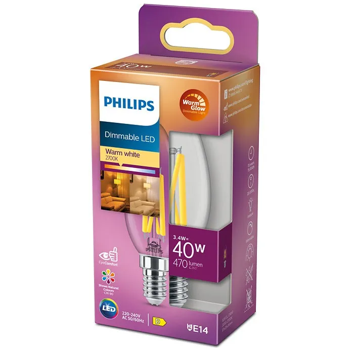 Philips 8719514324213 LED filamentová žiarovka 3,4W/40W | E14 | 470lm | 2200-2700K | B35 - stmievateľná, WarmGlow