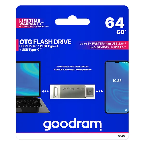 Goodram USB flash disk, USB 3.0, 64GB, ODA3, strieborný, ODA3-0640S0R11, USB A/USB C, s otočnou krytkou