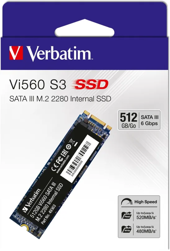 SSD disk Verbatim VI560 S3 512GB, M.2 (SATA), 3D NAND, rýchlosť čítania 520MB/s, rýchlosť
