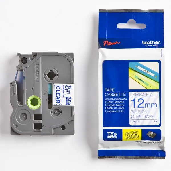 Brother originálna páska do tlačiarne štítkov, Brother, TZE-133, modrá tlač/priesvitný podklad, laminovaná, 8m, 12mm