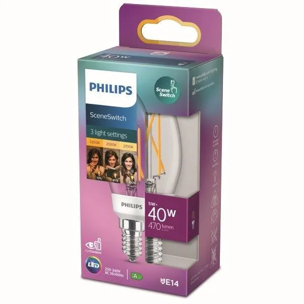 Philips 8718699772154 LED žiarovka 1x5/2,5/1W | E14 | 470lm | 2200K-2500-2700K - 3 svetelné módy, číra, Eyecomfort